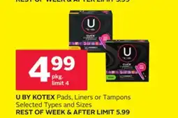 Rexall U BY KOTEX Pads, Liners or Tampons offer