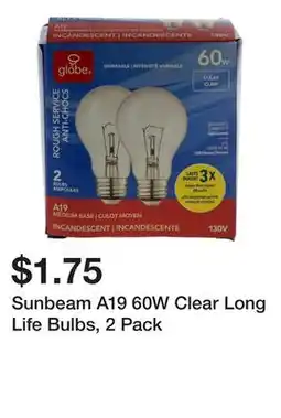Dollarama Sunbeam A19 60W Clear Long Life Bulbs, 2 Pack offer
