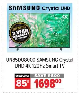 2001 Audio Video UN85DU8000 85 SAMSUNG Crystal UHD 4K 120Hz Smart TV offer