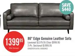 The Brick Edge 86 Genuine Leather Sofa with Wood Legs and Removable Back Cushions - Grey offer