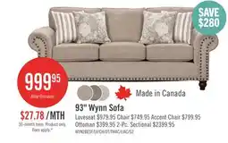 The Brick Made in Canada Wynn 93 Chenille Fabric Sofa with Nailhead Trim and Wood Bun Legs - Taupe offer