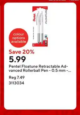 Staples Pentel Floatune Retractable Advanced Rollerball Pen - 0.5 mm - Black Ink - 2 Pack offer