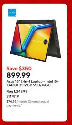 Staples Asus 16 2-in-1 Laptop - Intel i5-13420H/512GB SSD/16GB RAM/Touchscreen/Windows 11 Home offer
