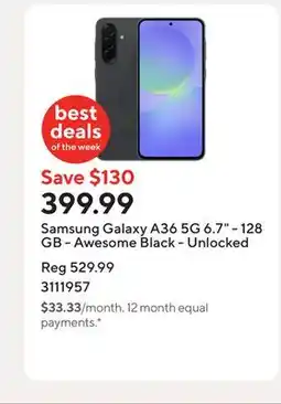 Staples Samsung Galaxy A36 5G 6.7 - 128 GB - Awesome Black - Unlocked offer