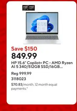 Staples HP 15.6 Copilot+ PC - AMD Ryzen AI 5 340/512GB SSD/16GB RAM/Windows 11 Home offer