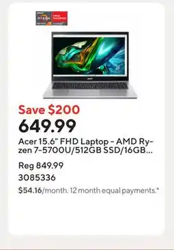 Staples Acer 15.6 FHD Laptop - AMD Ryzen 7-5700U/512GB SSD/16GB RAM/Windows 11 offer