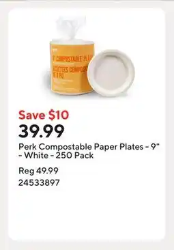 Staples Perk Compostable Paper Plates - 9 - White - 250 Pack offer