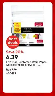 Staples Five Star Reinforced Refill Paper, College Ruled, 8-1/2 x 11, White, 100 Sheets offer