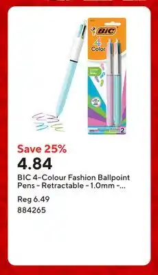 Staples BIC 4-Colour Fashion Ballpoint Pens - Retractable - 1.0mm - Assorted - 2 Pack offer