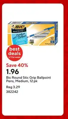 Staples Bic Round Stic Grip Ballpoint Pens, Medium, 12 pk offer
