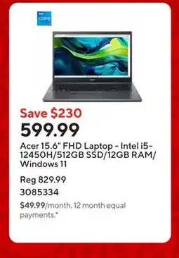 Staples Acer 15.6 FHD Laptop - Intel i5-12450H/512GB SSD/12GB RAM/Windows 11 offer
