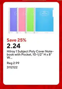 Staples Hilroy 1 Subject Poly Cover Notebook with Pocket, 10-1/2 H x 8 W - Assorted Colours offer