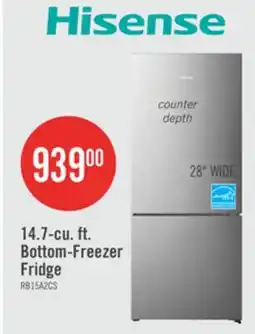 The Brick Hisense 27.7 14.7 Cu. Ft. Bottom-Mount Refrigerator - Titanium - RB15A2CSE offer
