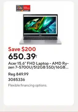 Staples Acer 15.6 FHD Laptop - AMD Ryzen 7-5700U/512GB SSD/16GB RAM/Windows 11 offer