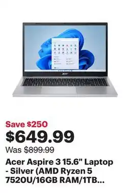 Best Buy Acer Aspire 3 15.6 Laptop - Silver (AMD Ryzen 5 7520U/16GB RAM/1TB SSD/Windows 11) offer