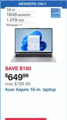 Costco Acer Aspire 16-in. laptop offer