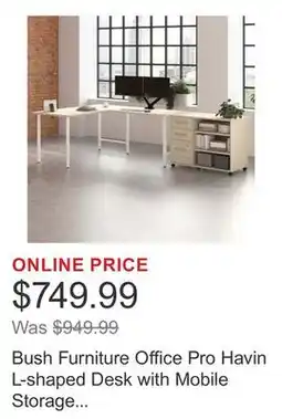 Costco Bush Furniture Office Pro Havin L-shaped Desk with Mobile Storage Cabinet offer