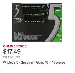 Costco Wrigley's 5 - Spearmint Gum, 10 × 15 pieces offer