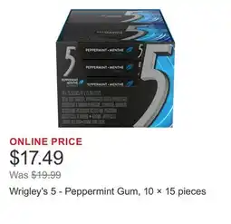 Costco Wrigley's 5 - Peppermint Gum, 10 × 15 pieces offer