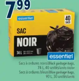 Familiprix essentiel Black garbage bags, 74 L, 40units or Blue garbage bags, 90 L, 30units offer