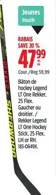 Canadian Tire Sherwood Rekker Legend LT One Hockey Stick, 25 Flex offer