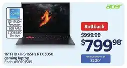 Walmart acer 16" FHD+ IPS 165Hz RTX 3050 gaming laptop offer