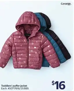Walmart George. Toddlers' puffer jacket offer