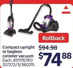 Walmart Compact upright or bagless canister vacuum offer