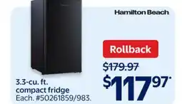 Walmart Hamilton Beach 3.3-cu ft. compact fridge offer