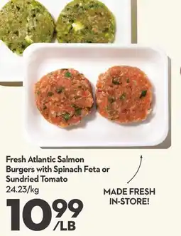 Longo's Fresh Atlantic Salmon Burgers with Spinach Feta or Sundried Tomato offer