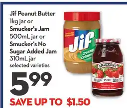 Longo's Jif Peanut Butter 1kg jar or Smucker's Jam 500mL jar or Smucker's No Sugar Added Jam 310mL jar offer