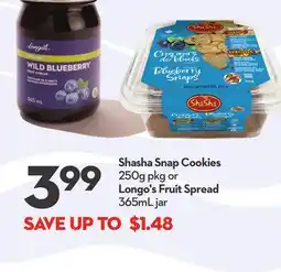 Longo's Shasha Snap Cookies 250g pkg or Longo's Fruit Spread 365mL jar offer