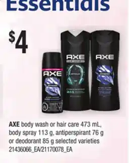 Loblaws AXE BODY WASH OR HAIR CARE 473 ML, BODY SPRAY 113 G, ANTIPERSPIRANT, 76 G OR DEODORANT, 85 G offer