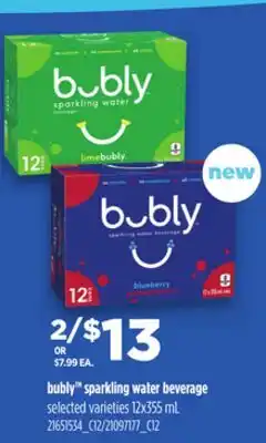 Loblaws BUBLY SPARKLING WATER BEVERAGE, 12x355 mL offer