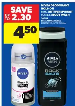 Real Canadian Superstore NIVEA DEODORANT ROLL-ON, 50 ML, ANTIPERSPIRANT, 51/52 G OR BODY WASH, 500 ML offer
