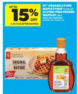 Real Canadian Superstore PC ORGANICS PURE MAPLE SYRUP 375 ML OR GLUTEN-FREE FROZEN WAFFLES 320 G offer