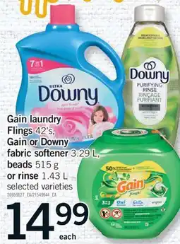Fortinos GAIN LAUNDRY FLINGS, 42'S GAIN OR DOWNY FABRIC SOFTENER, 3.29 L BEADS, 515 G OR RINSE, 1.43 L offer