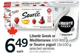 Fortinos LIBERTÉ GREEK OR MEDITERRANEE 650-900 G OR SOURCE YOGURT 16X100 G offer