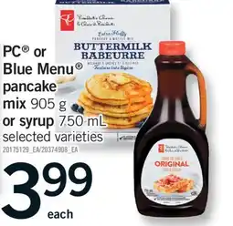 Fortinos PC BLUE MENU PANCAKE MIX 905 G OR SYRUP 750 ML offer