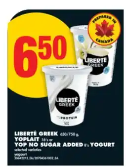 No Frills LIBERTÉ GREEK, 650/750 G, YOPLAIT, 16'S OR YOP NO SUGAR ADDED, 8'S YOGURT offer