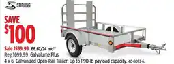Canadian Tire Stirling Galvalume Plus 4 x 6´ Galvanized Open-Rail Trailer. Up to 1190-lb payload capacity offer