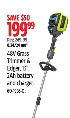 Canadian Tire Yardworks 48V Grass Trimmer & Edger, 13. 2Ah battery and charger offer