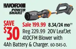 Canadian Tire WORX 20V Leafjet 410CFM Blower WITH , 4Ah Battery offer