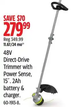 Canadian Tire Yardworks 48V Direct-Drive Trimmer with Power Sense, 15. 2Ah battery & Charger offer