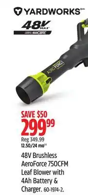Canadian Tire Yardworks 48V Brushless AeroForce 750 CFM Leaf Blower Kit with Battery & Charger offer