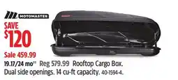 Canadian Tire Motomaster Rooftop Cargo Box. Dual side openings. 14 cu-ft capacity offer