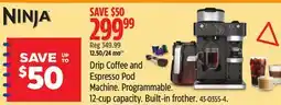 Canadian Tire ninja Coffee and Espresso Pod Machine. Programmable. 12-cup capacity. Built-in frother offer