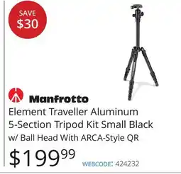 Vistek Manfrotto Element Traveller Aluminum 5-Section Tripod Kit Small Black w/Ball Head With ARCA-Style QR offer