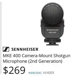 Vistek SENNHEISER MKE 400 Camera-Mount Shotgun Microphone (2nd Generation) offer