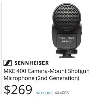 Vistek SENNHEISER MKE 400 Camera-Mount Shotgun Microphone (2nd Generation) offer